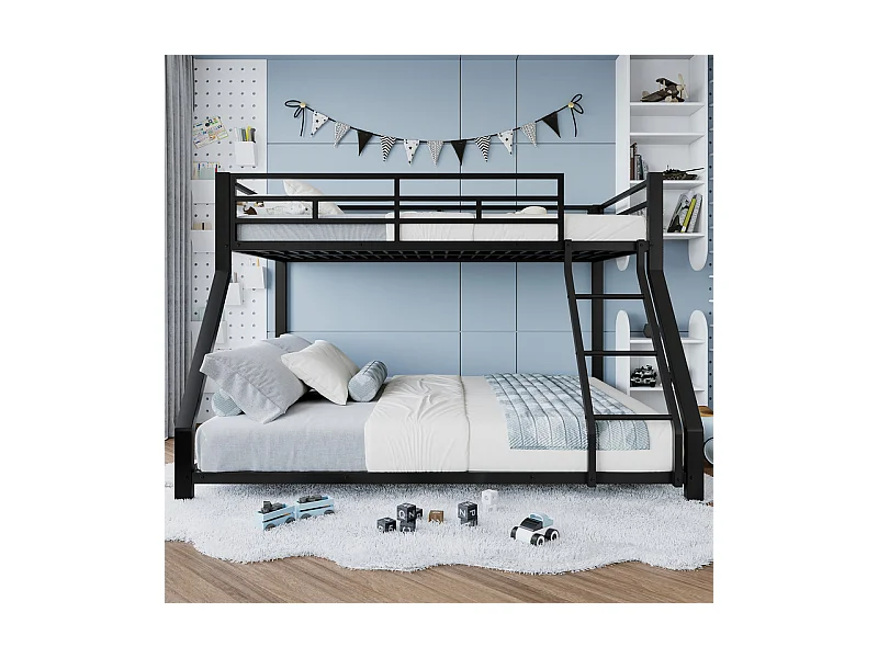 Lit superposé 90x200 + 140x200 cm - avec barrières - avec échelle de sécurité - métal - noir (sans matelas)