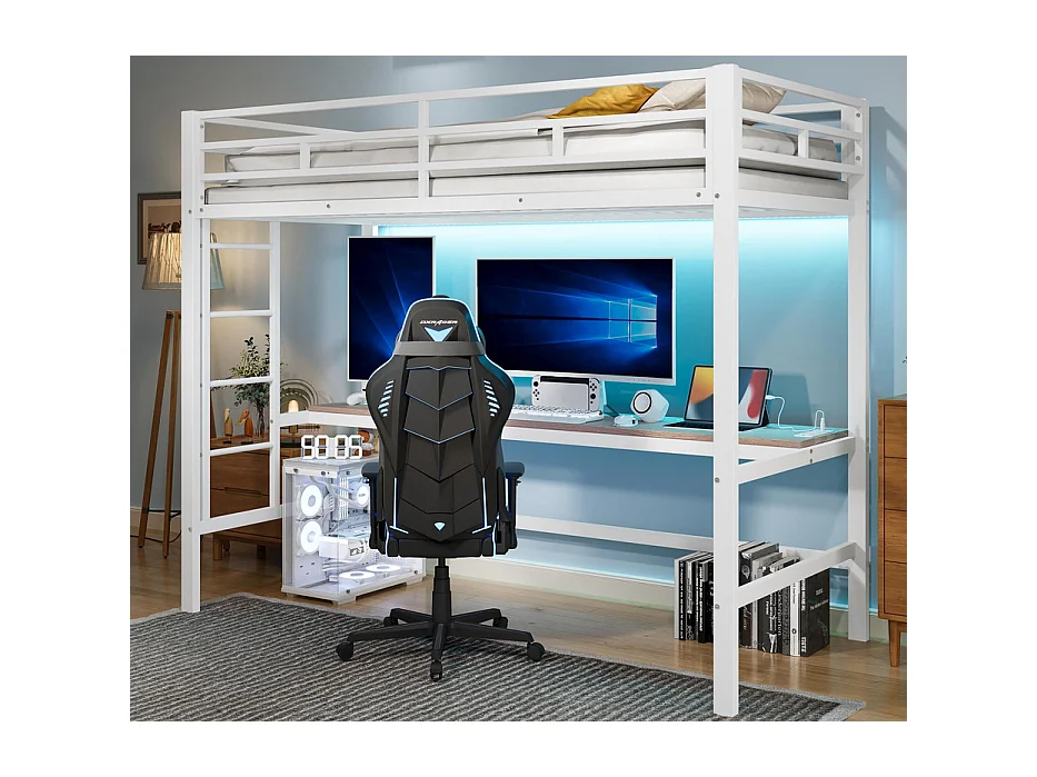 Lit mezzanine 90x200 cm - avec barrières - avec échelle - table avec USB et prises - bandeau lumineux filaire - métal - blanc (matelas non inclus)