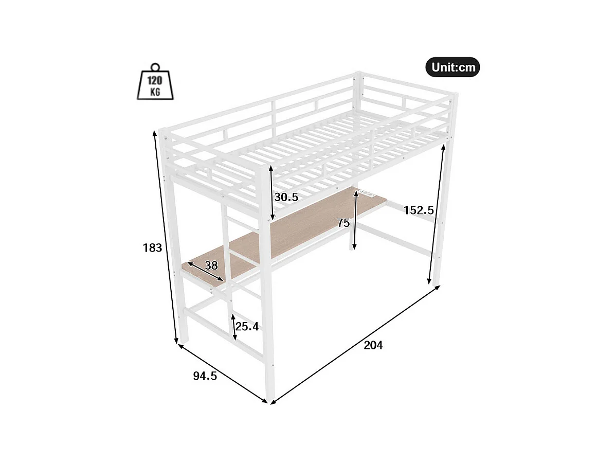Lit mezzanine 90x200 cm - avec barrières - avec échelle - table avec USB et prises - bandeau lumineux filaire - métal - blanc (matelas non inclus)
