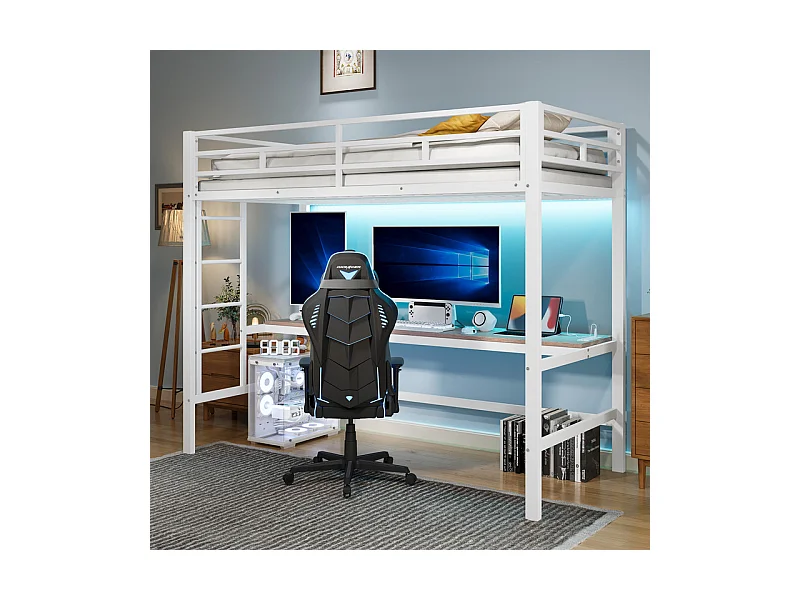 Lit mezzanine 90x200 cm - avec barrières - avec échelle - table avec USB et prises - bandeau lumineux filaire - métal - blanc (matelas non inclus)