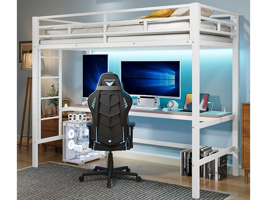 Lit mezzanine 90x200 cm - avec barrières - avec échelle - table avec USB et prises - bandeau lumineux filaire - métal - blanc (matelas non inclus)