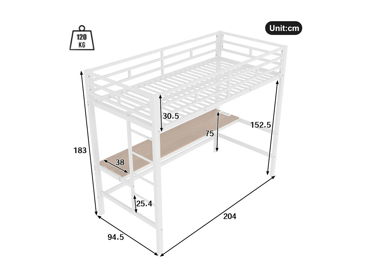 Lit mezzanine 90x200 cm - avec barrières - avec échelle - table avec USB et prises - bandeau lumineux filaire - métal - blanc (matelas non inclus)