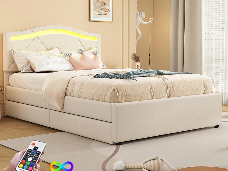 Lit capitonné 90x200 cm - avec éclairage LED - avec 2 tiroirs - lin - lit avec sommier à lattes - beige (matelas non inclus)