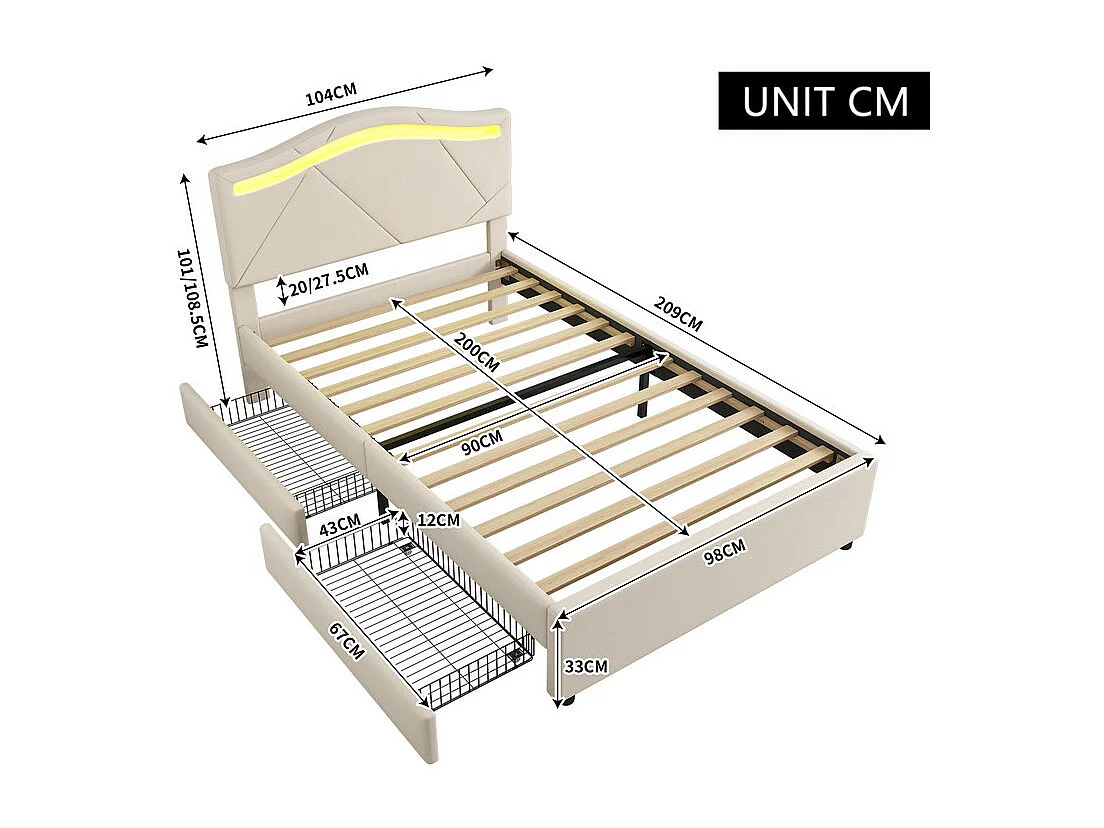 Lit capitonné 90x200 cm - avec éclairage LED - avec 2 tiroirs - lin - lit avec sommier à lattes - beige (matelas non inclus)