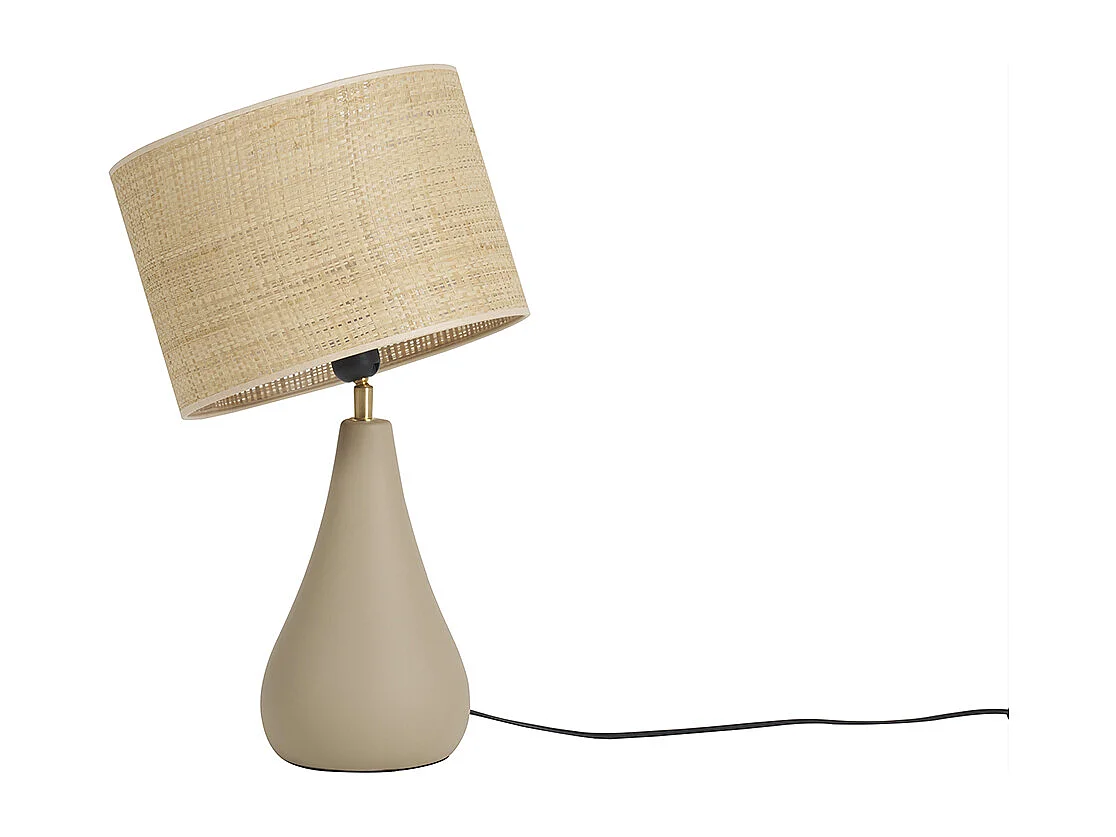 Tischleuchte aus emaillierter Keramik in Taupe mit Lampenschirm aus Bast H49 cm PYRUS