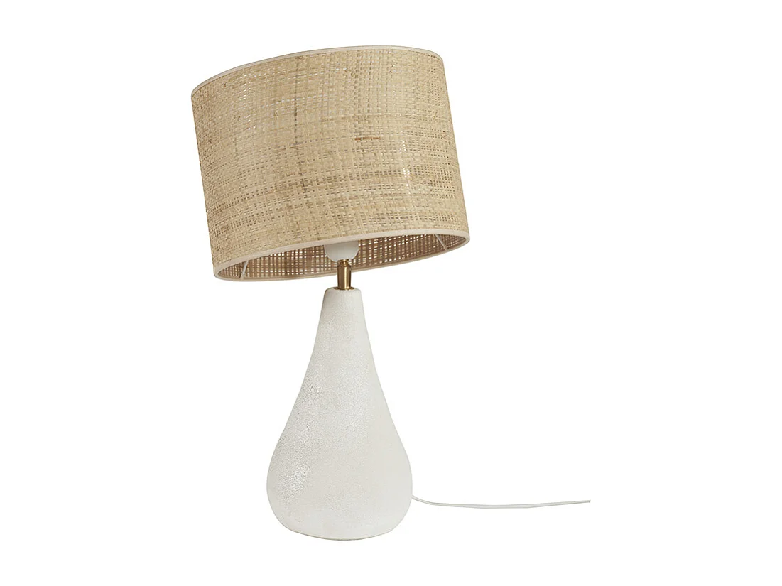Lampe à poser blanche en céramique effet pierre et abat-jour en raphia H49 cm PYRUS