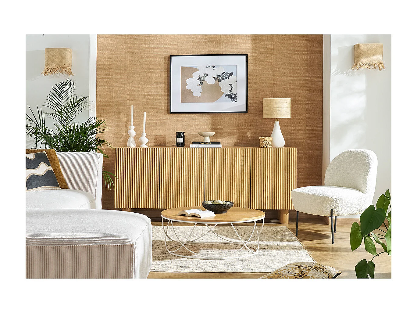 Lampe à poser blanche en céramique effet pierre et abat-jour en raphia H49 cm PYRUS