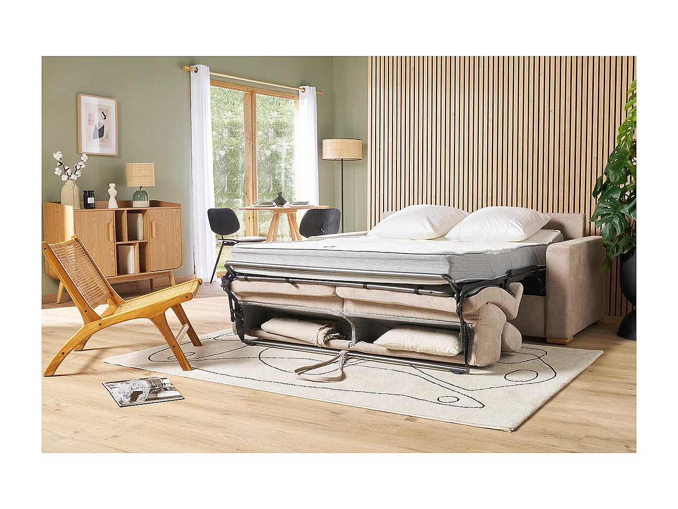 Sofá cama azul petróleo con colchón de 18 cm y reposacabezas ajustables NORO