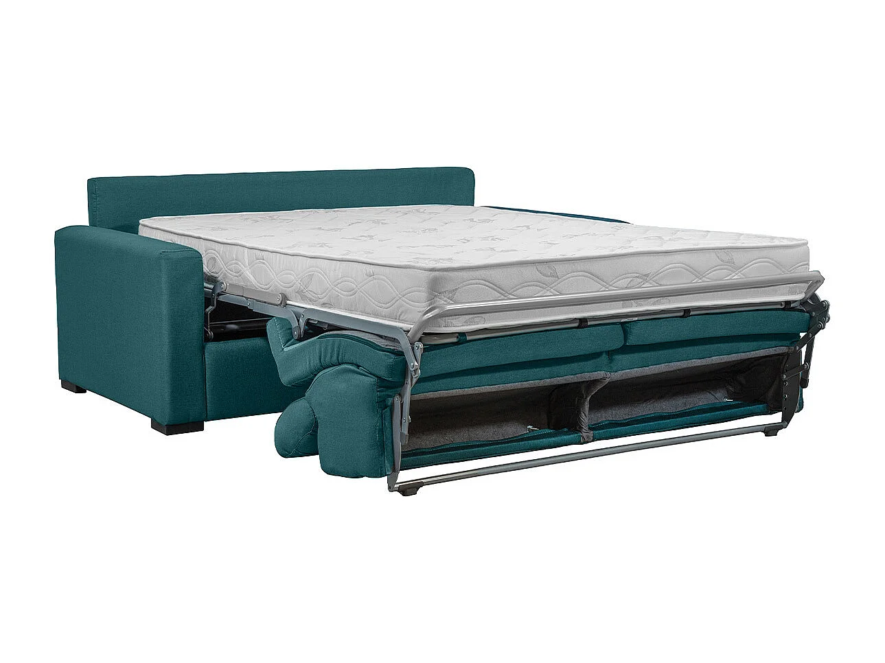 Sofá cama azul petróleo con colchón de 18 cm y reposacabezas ajustables NORO