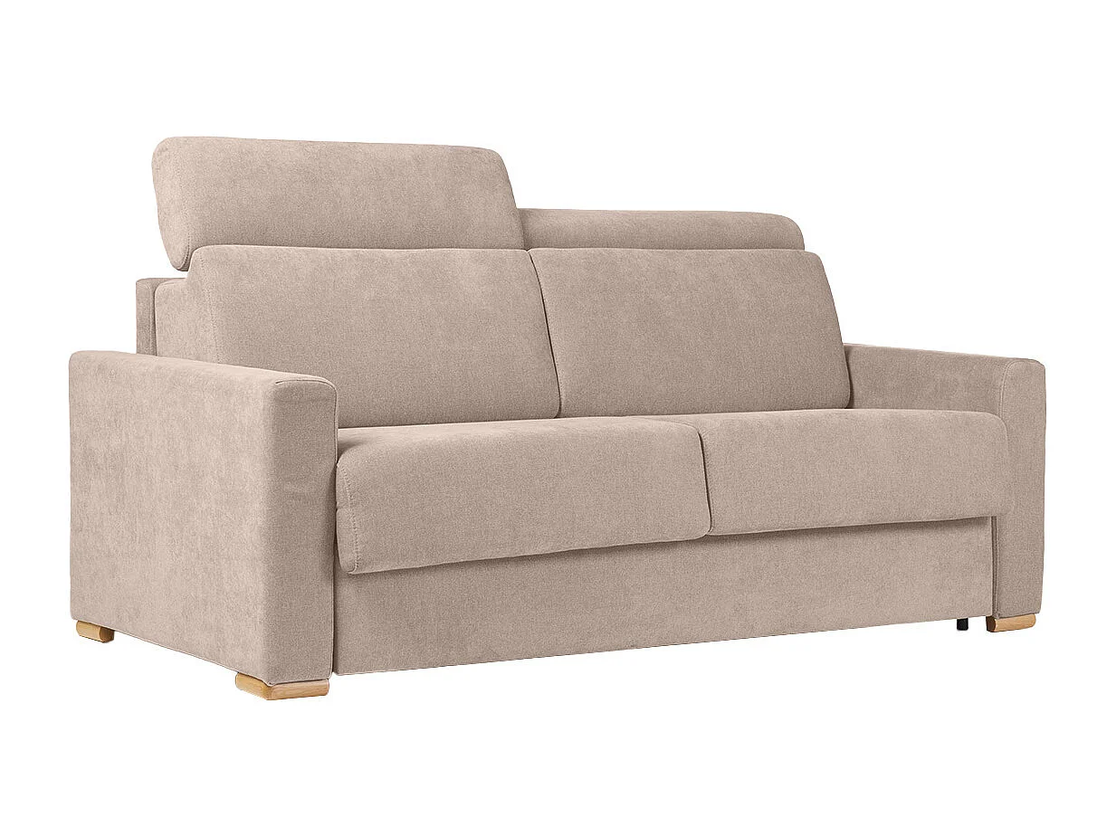 Sofá cama convertible de 3 plazas en tela de efecto terciopelo beige con reposacabezas ajustables y colchón de 18 cm NORO