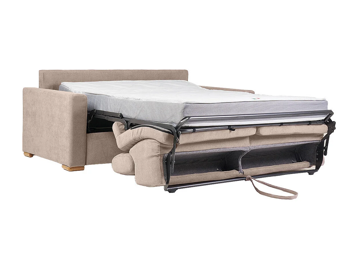 Sofá cama convertible de 3 plazas en tela de efecto terciopelo beige con reposacabezas ajustables y colchón de 18 cm NORO