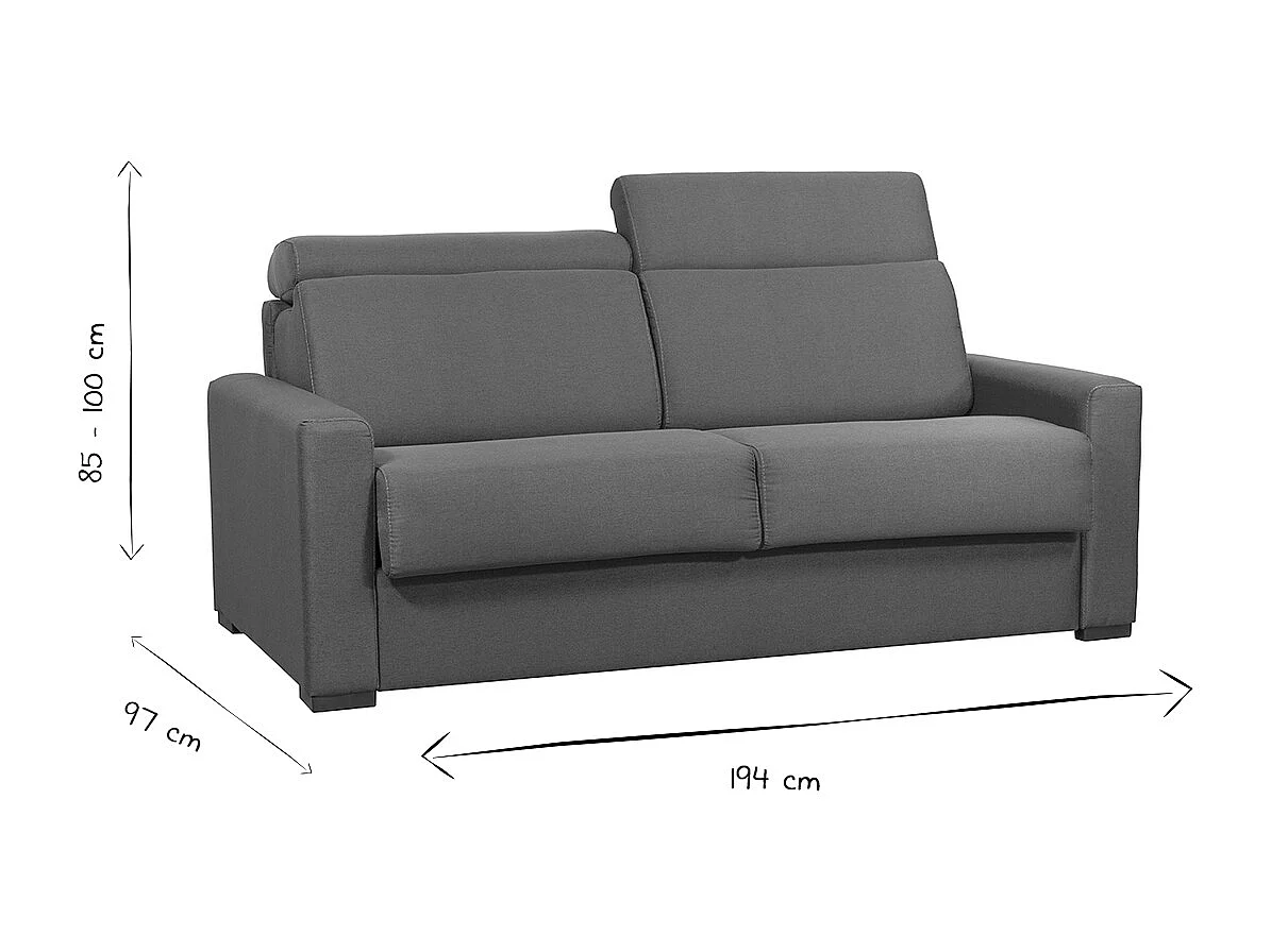 Sofá convertible gris claro con colchón 18 cm y reposacabezas ajustables NORO