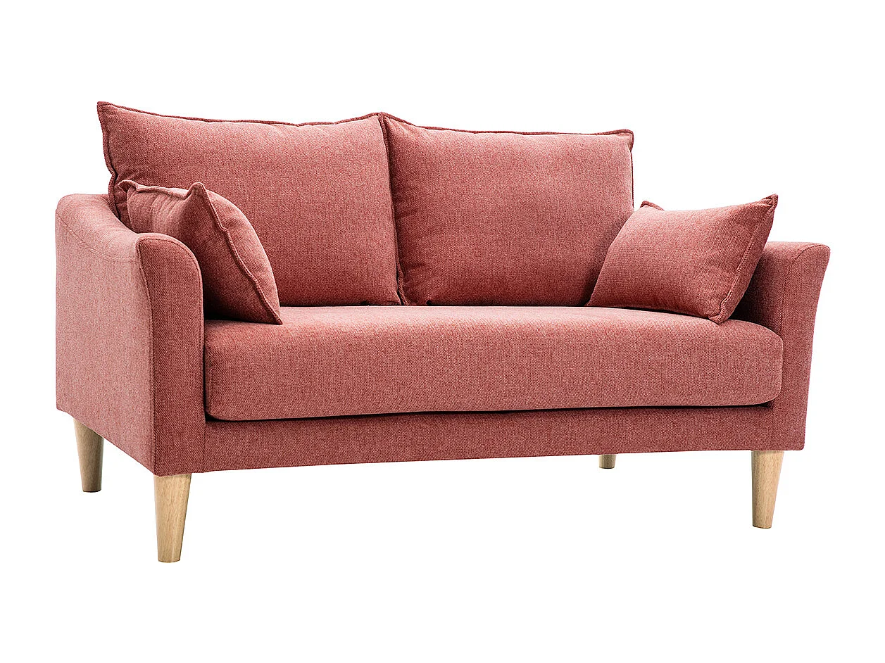 Canapé scandinave 2 places en tissu effet velours texturé terracotta et bois clair KATE