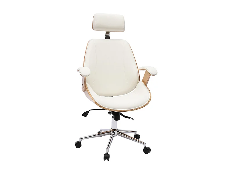 Fauteuil de bureau de direction design blanc, bois clair et acier chromé MUSK