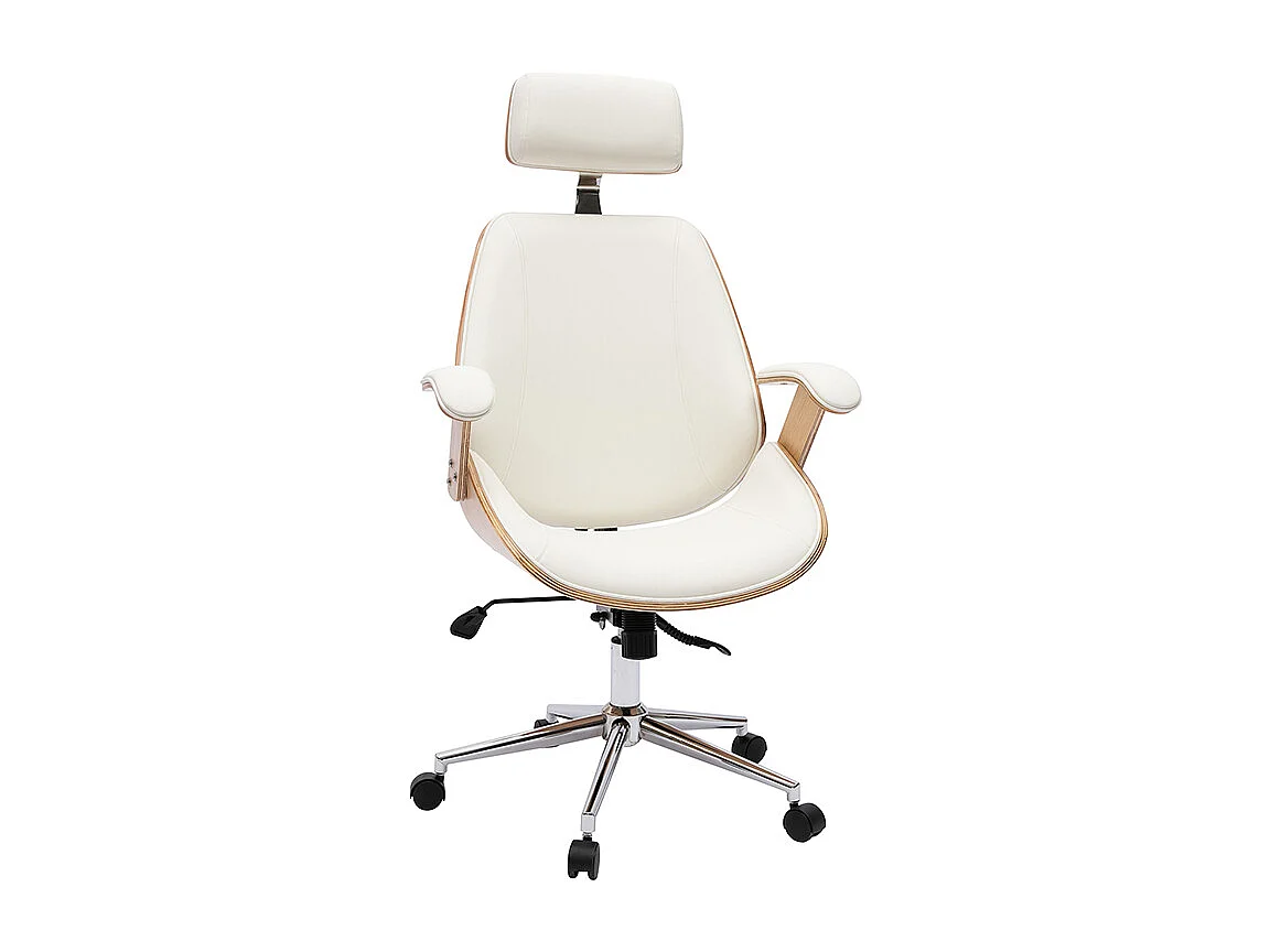 Fauteuil de bureau de direction design blanc, bois clair et acier chromé MUSK