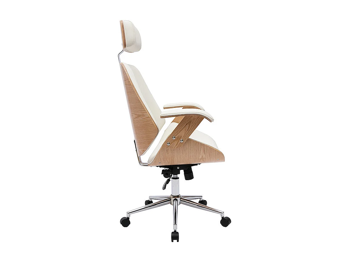 Fauteuil de bureau de direction design blanc, bois clair et acier chromé MUSK