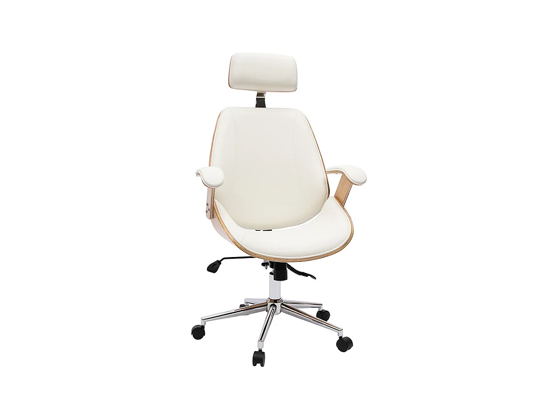 Fauteuil de bureau de direction design blanc, bois clair et acier chromé MUSK