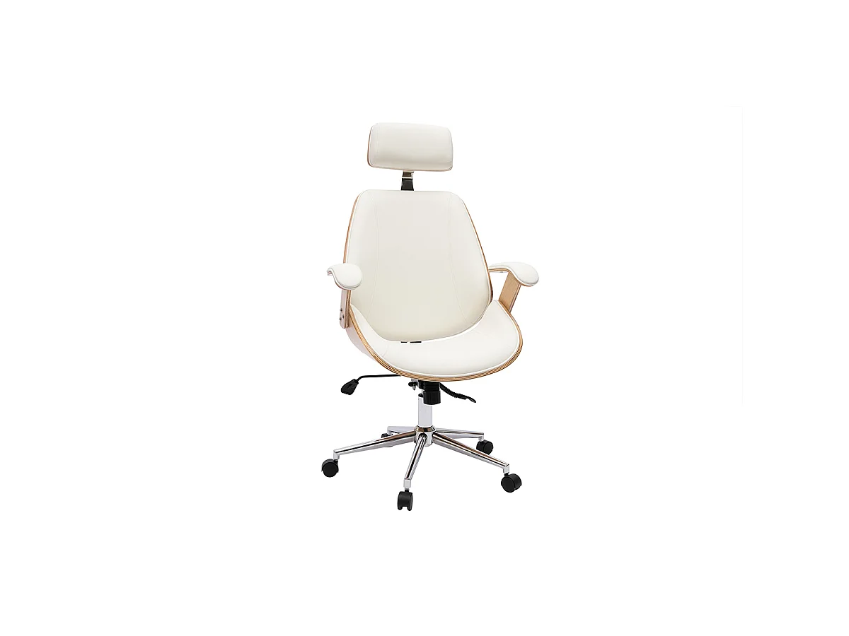 Sillón de oficina de dirección de diseño blanco, madera clara y acero cromado MUSK