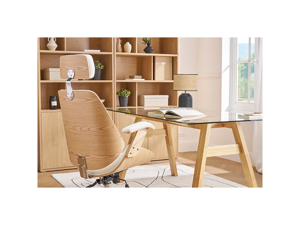 Sillón de oficina de dirección de diseño blanco, madera clara y acero cromado MUSK
