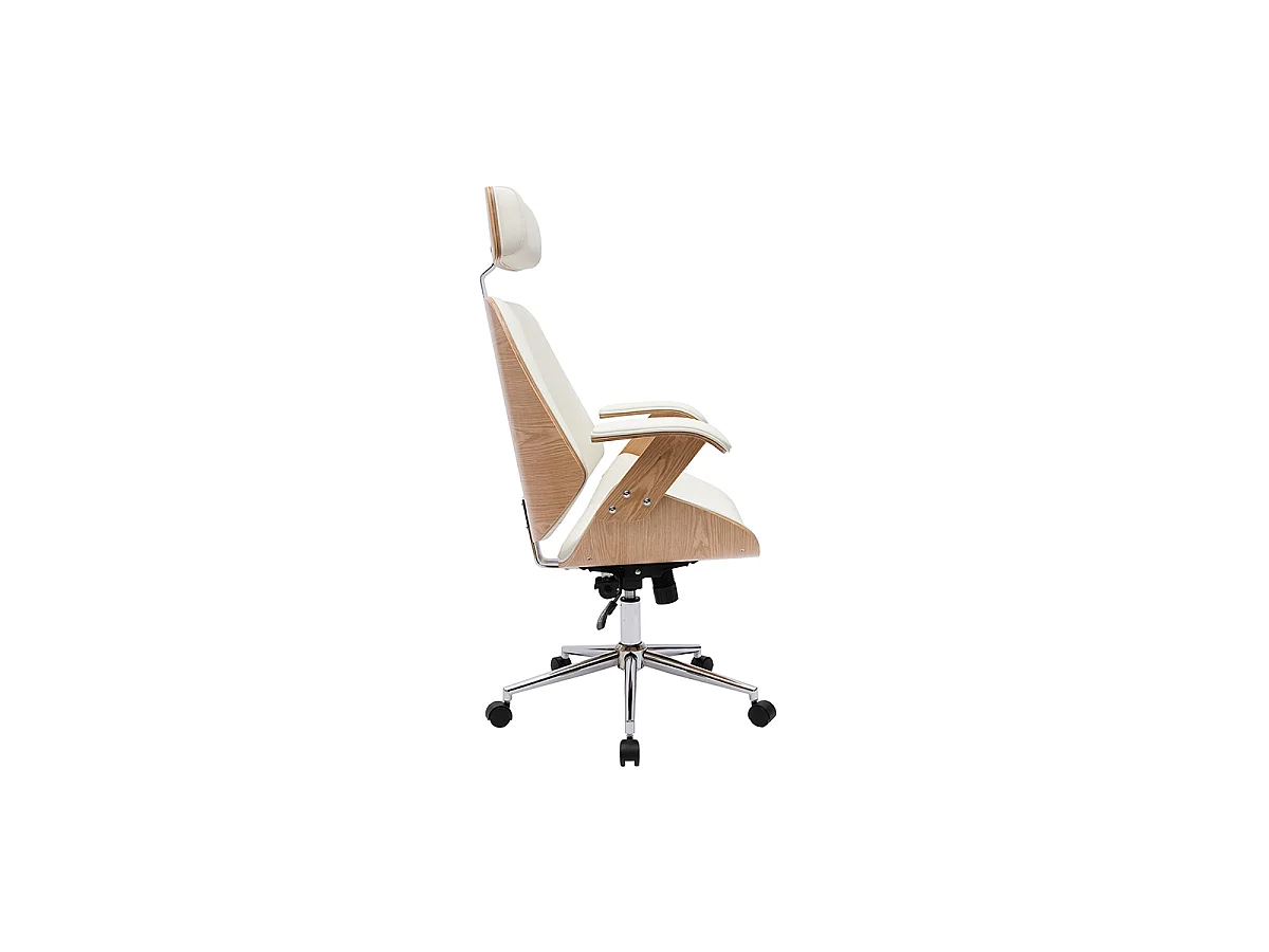 Sillón de oficina de dirección de diseño blanco, madera clara y acero cromado MUSK
