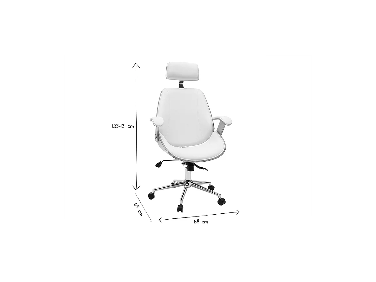 Sillón de oficina de dirección de diseño blanco, madera clara y acero cromado MUSK
