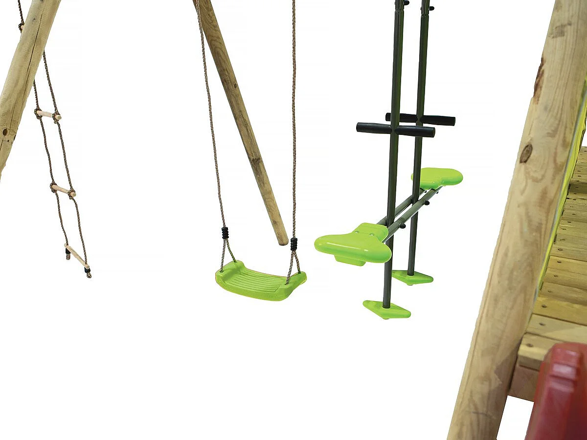 Portique Bois "Kida" - Avec 1 Toboggan - 1 Balançoire - 1 Face à face - 1 Nacelle.