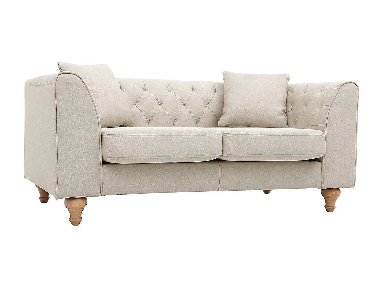 Canapé 2 places capitonné en tissu beige et bois clair MONTAIGNE