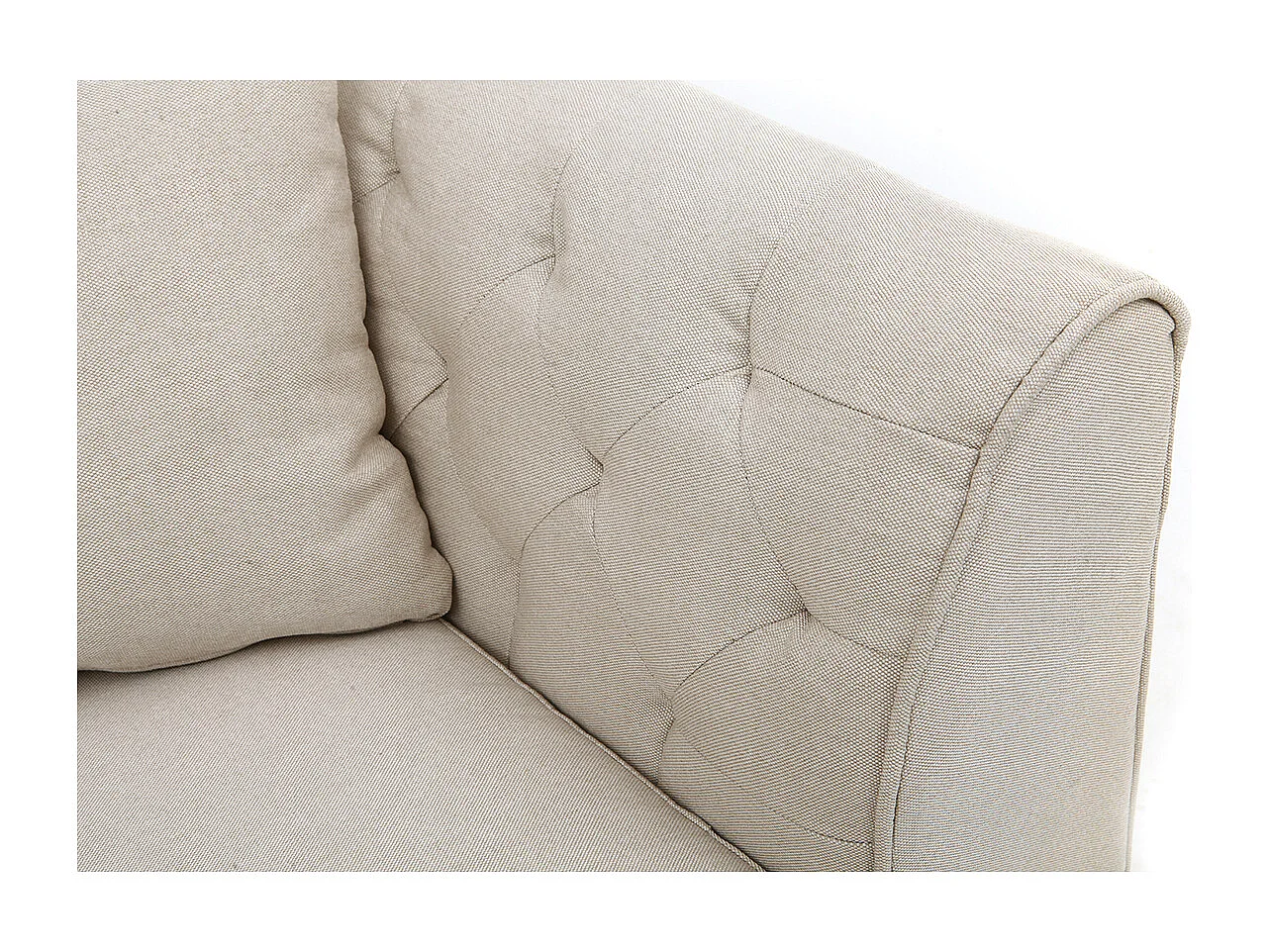 Canapé 2 places capitonné en tissu beige et bois clair MONTAIGNE