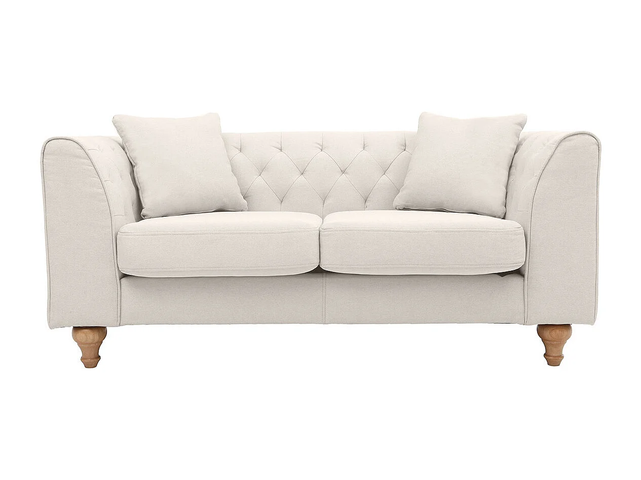 Canapé 2 places capitonné en tissu beige et bois clair MONTAIGNE