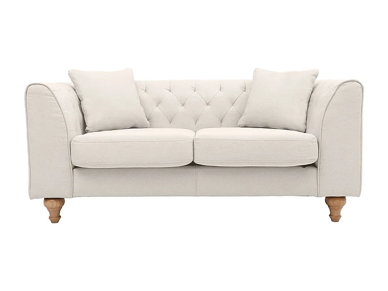 Canapé 2 places capitonné en tissu beige et bois clair MONTAIGNE