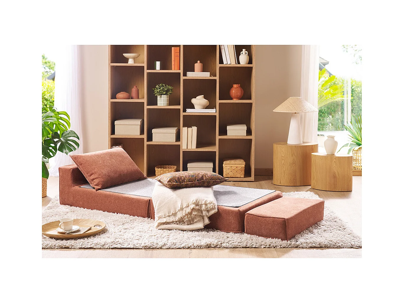 Sillón cama de 1 plaza de tejido efecto aterciopelado color terracota VICTOR