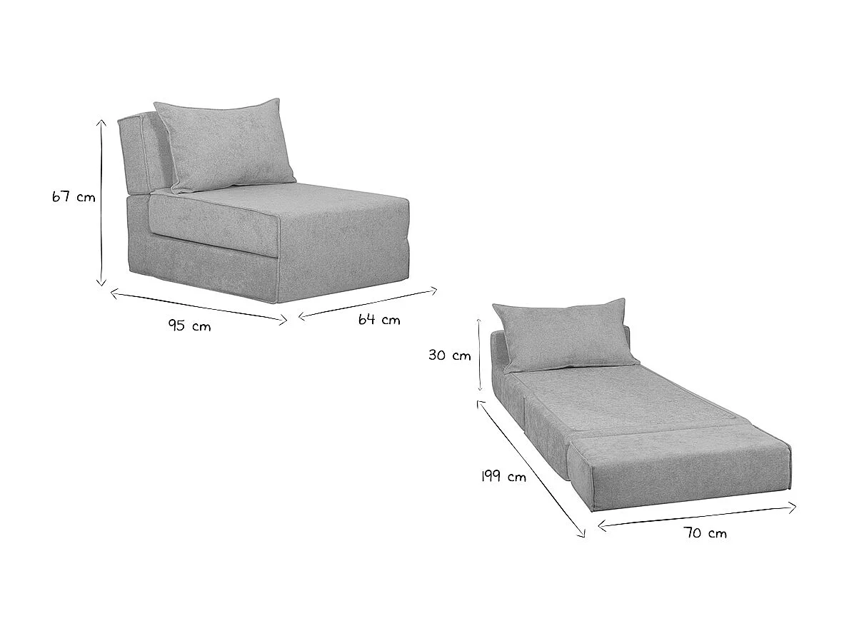 Chauffeuse 1 place convertible en tissu effet velours gris VICTOR