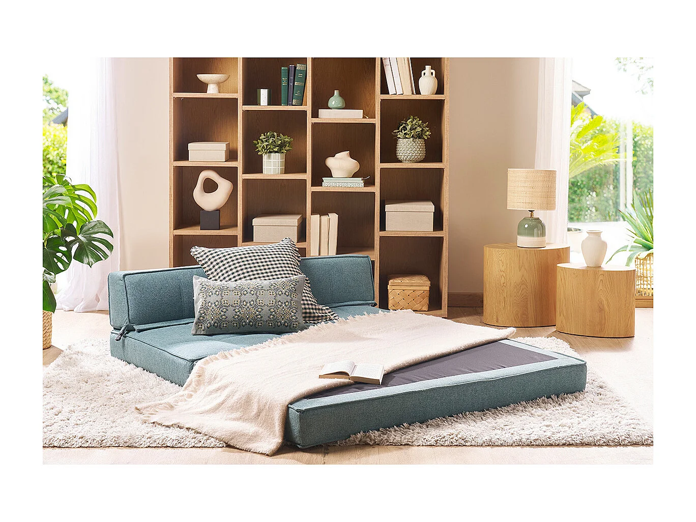 Poltrona letto 2 posti in tessuto grigio-verde KATY