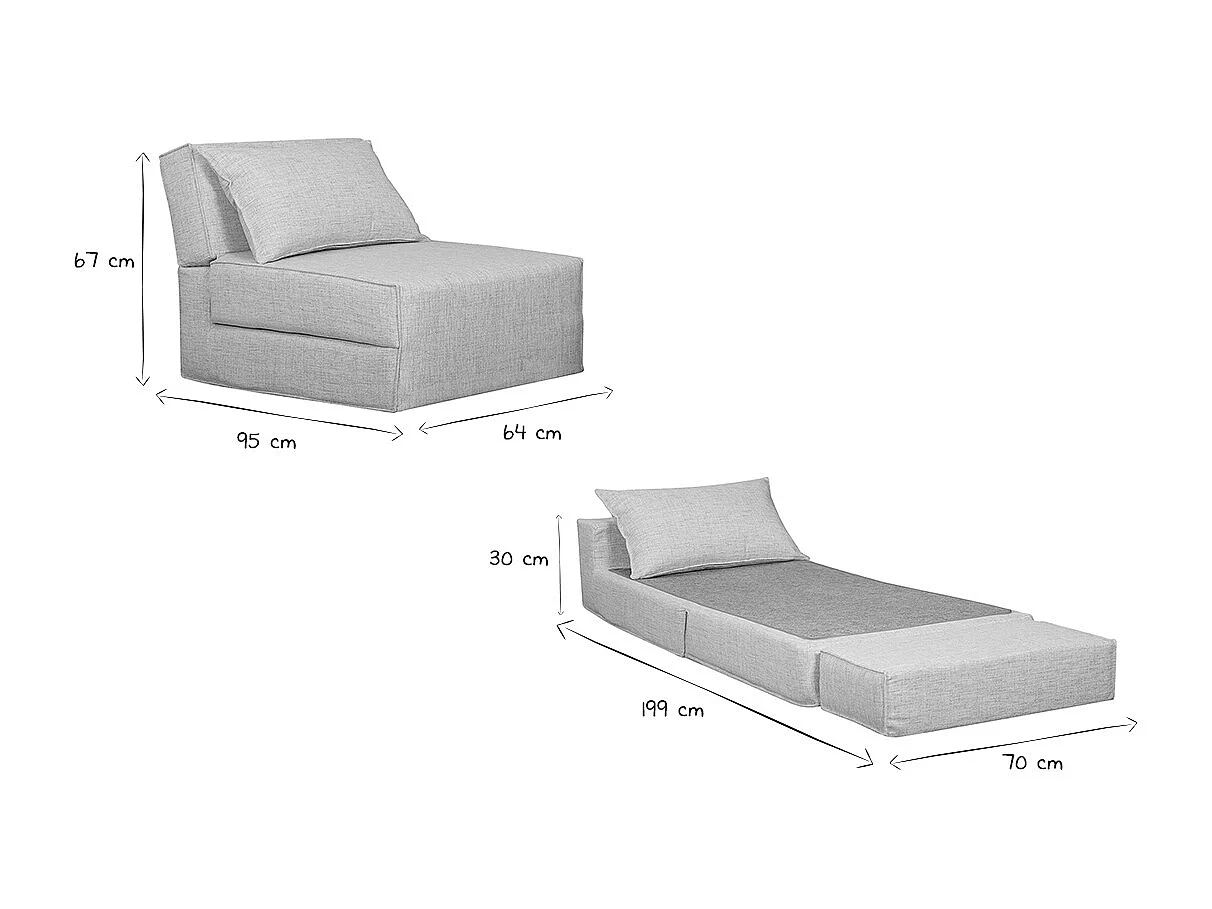 Chauffeuse 1 place convertible en tissu gris clair VICTOR