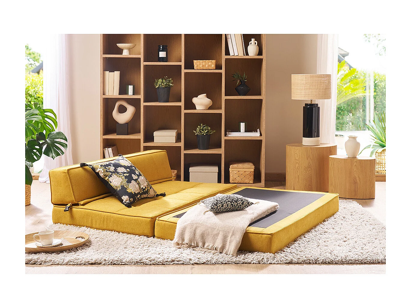 2-Sitzer Schlafsofa in senfgelbem Stoff mit Samteffekt KATY