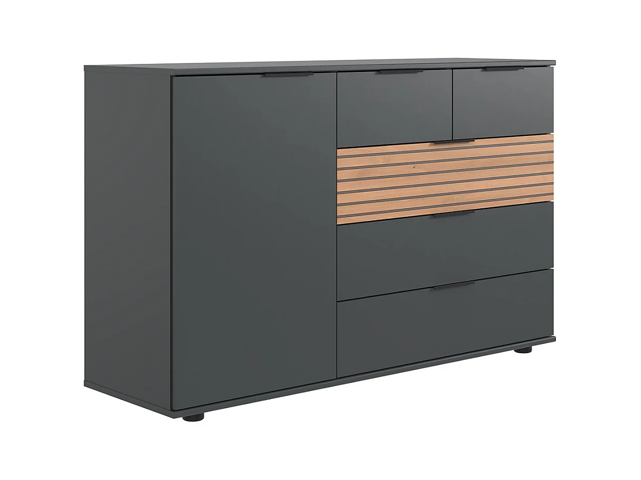 Commode combinée, meuble de rangement coloris graphite, rechampis aspect clayettes imitation chêne Artisan
