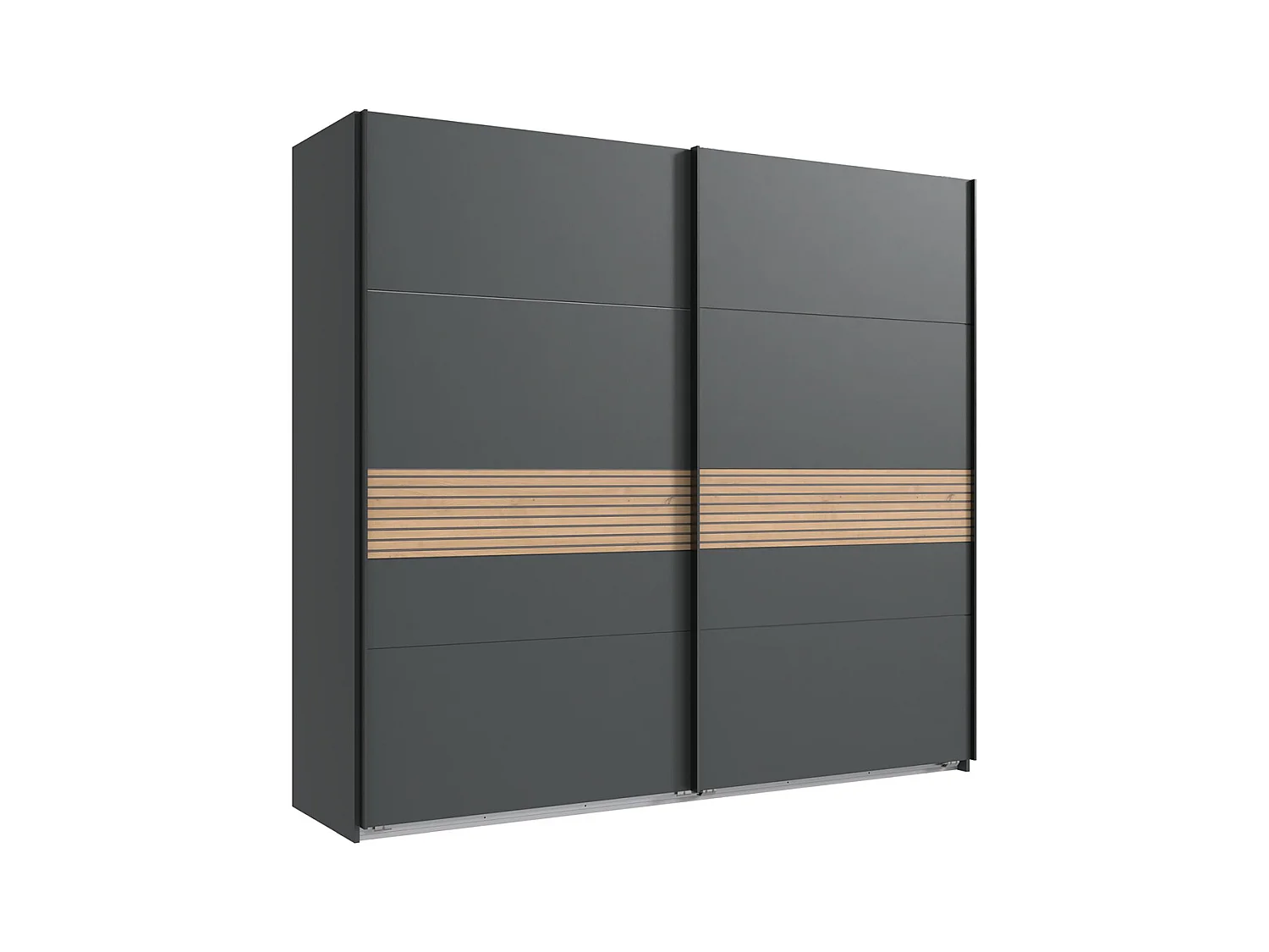 Armoire à portes coulissantes coloris graphite, rechampis aspect clayettes imitation chêne Artisan