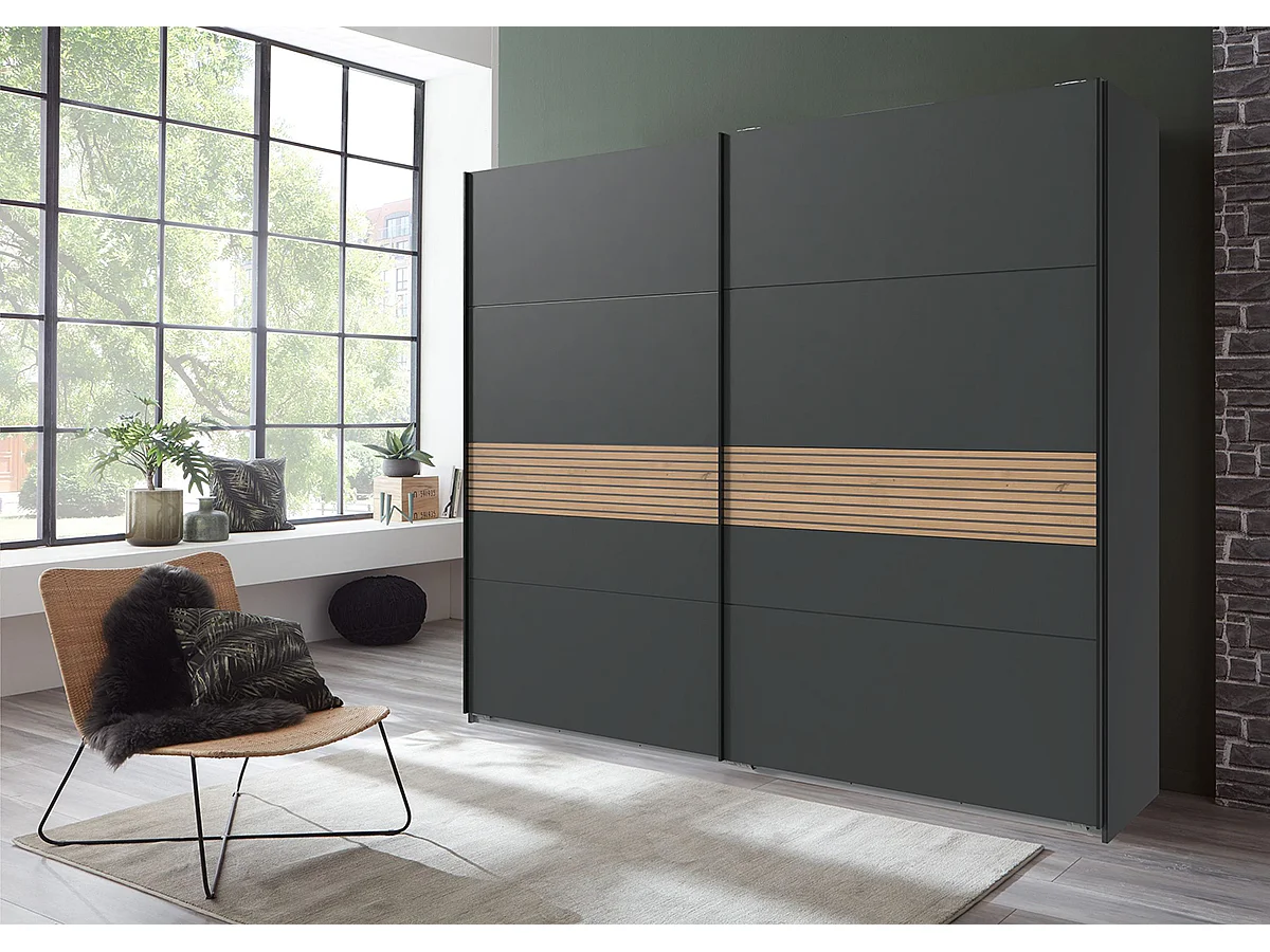 Armoire à portes coulissantes coloris graphite, rechampis aspect clayettes imitation chêne Artisan