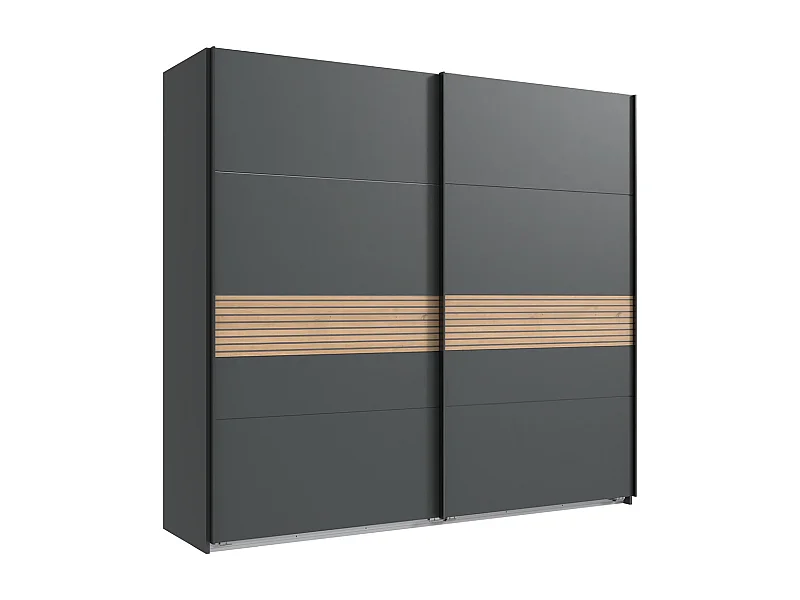 Armoire à portes coulissantes coloris graphite, rechampis aspect clayettes imitation chêne Artisan