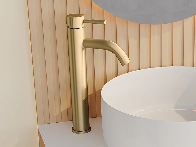 Robinet mitigeur mécanique arrondi en inox brossé - Doré - H30,6 cm - SALAVAN