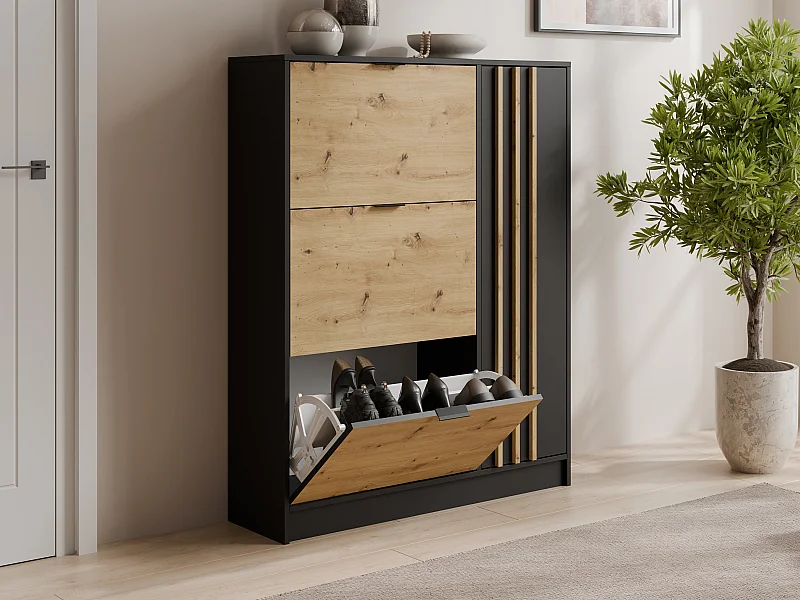 Schuhschrank mit 1 Tür & 3 Fächern - Holzfarben & Schwarz - JANAKIA