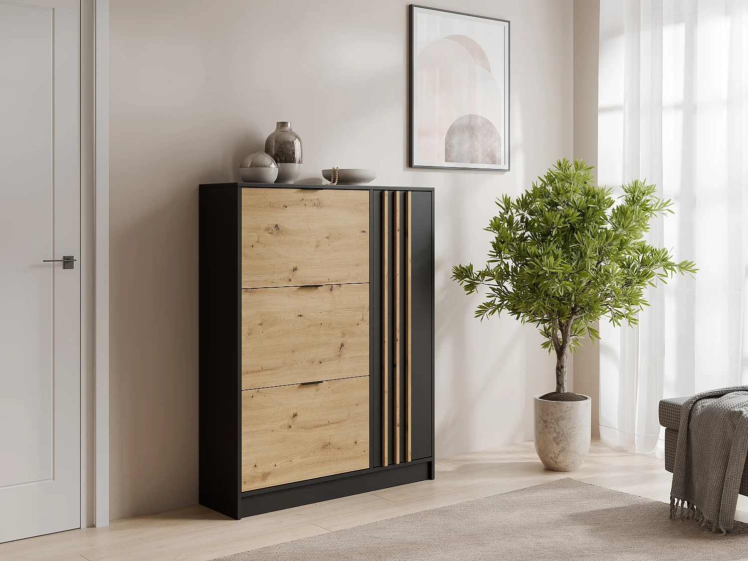 Meuble à chaussures avec 1 porte et 3 compartiments abattants - Naturel et Noir - JANAKIA