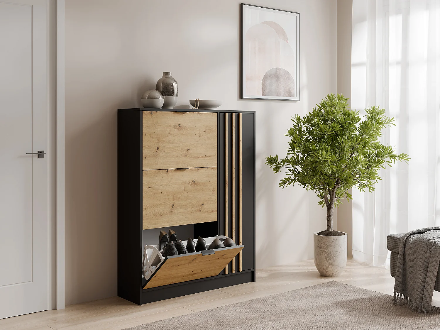 Meuble à chaussures avec 1 porte et 3 compartiments abattants - Naturel et Noir - JANAKIA