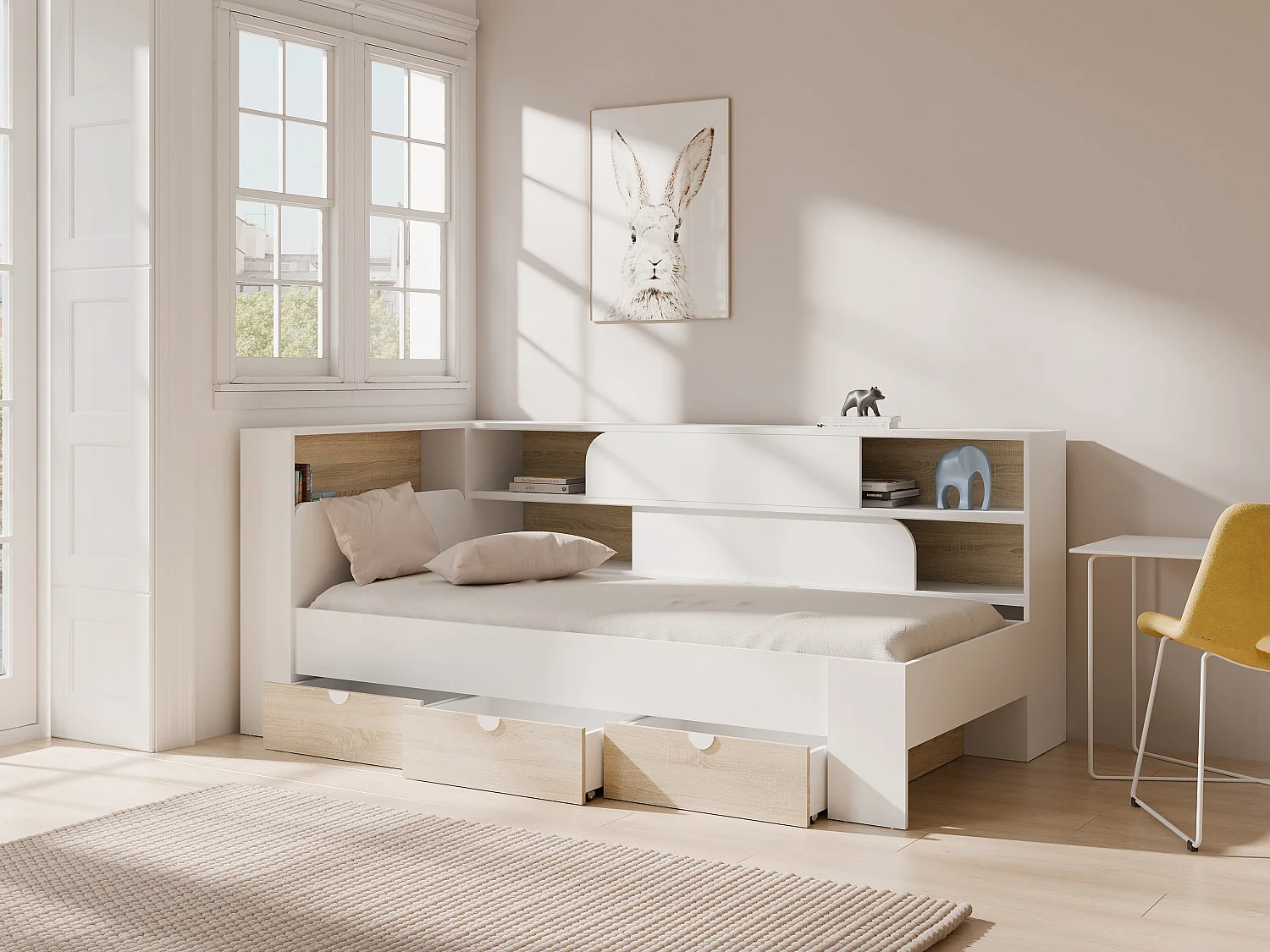 Lit 90 x 190 cm avec rangements - Coloris : Blanc et naturel - TAMADU