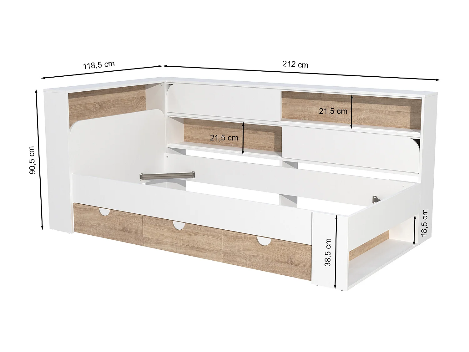 Cama 90 x 190 cm con almacenaje - Color: Blanco y natural - TAMADU