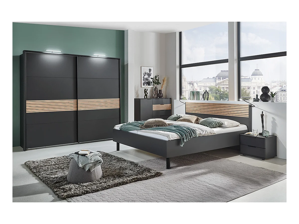 Ensemble de chambre à coucher complète (lit adulte 180 x 200 cm + 2 tables de chevet + armoire  + commode )