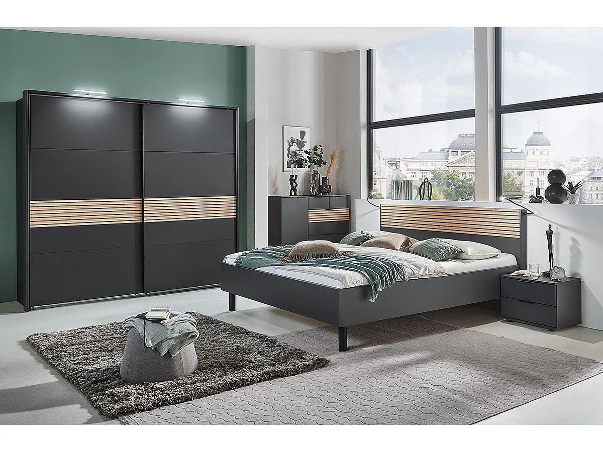 Ensemble de chambre à coucher complète (lit adulte 180 x 200 cm + 2 tables de chevet + armoire  + commode )