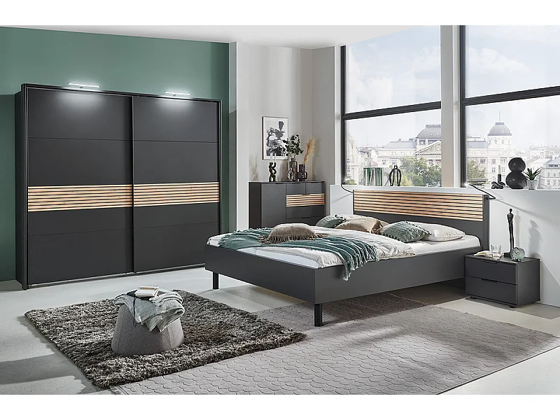 Ensemble de chambre à coucher complète (lit adulte 180 x 200 cm + 2 tables de chevet + armoire  + commode )