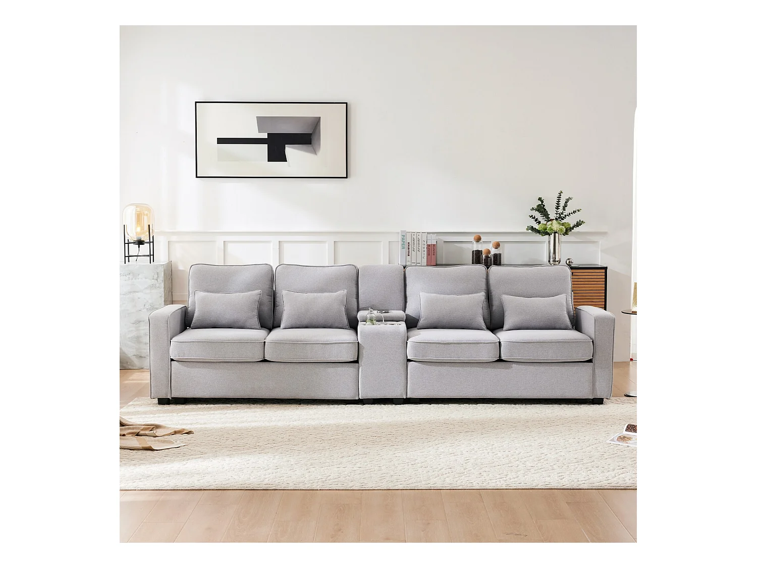 Canapé 4 places en tissu lin - avec 4 oreillers 2 ports USB et porte-gobelets - poches d'accoudoir - 290x83x88cm, Gris