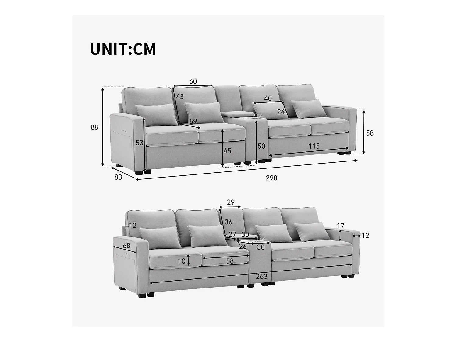 Canapé 4 places en tissu lin - avec 4 oreillers 2 ports USB et porte-gobelets - poches d'accoudoir - 290x83x88cm, Gris